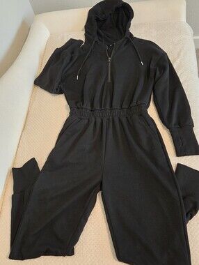Black Hooded Women's Jumpsuit - Cozy Zipper Pullover Size Small